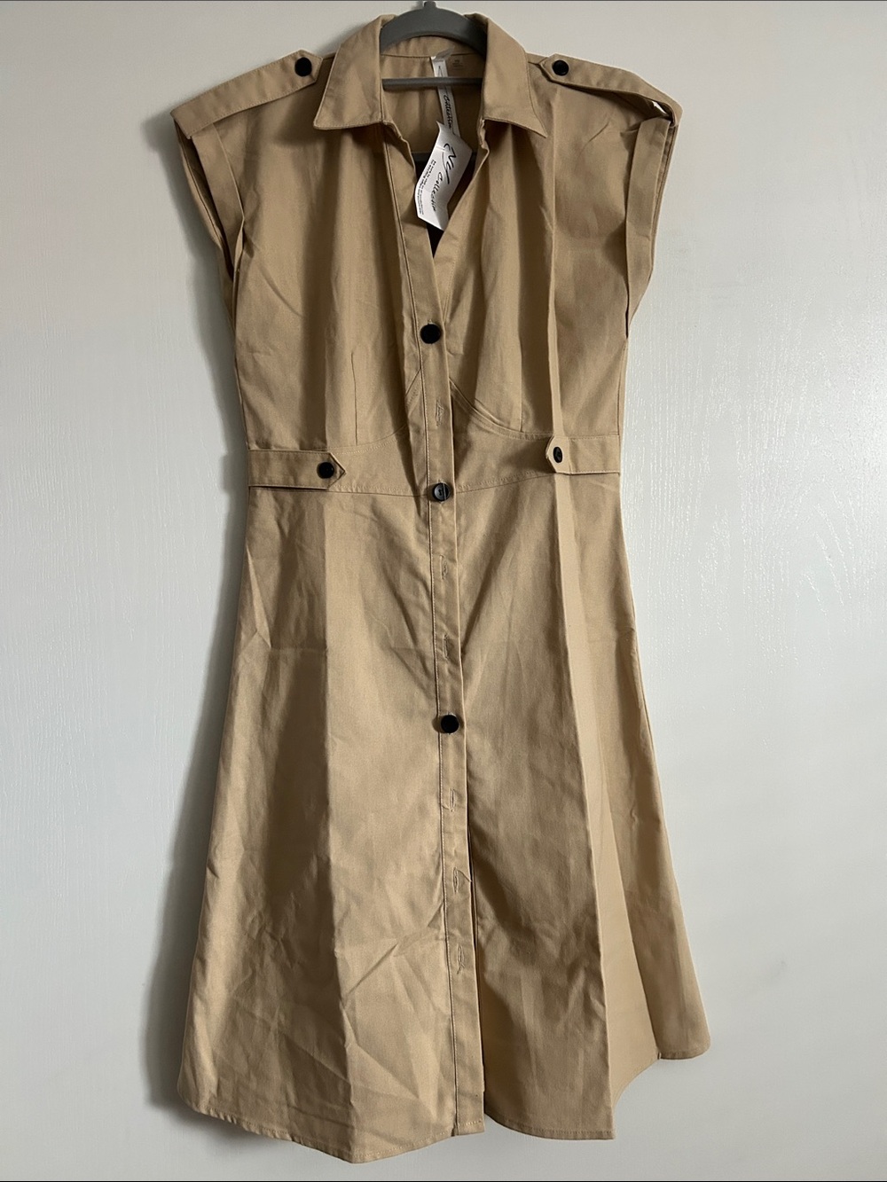 NY Collection Sleeveless Tan Button-Front Shirt Dress